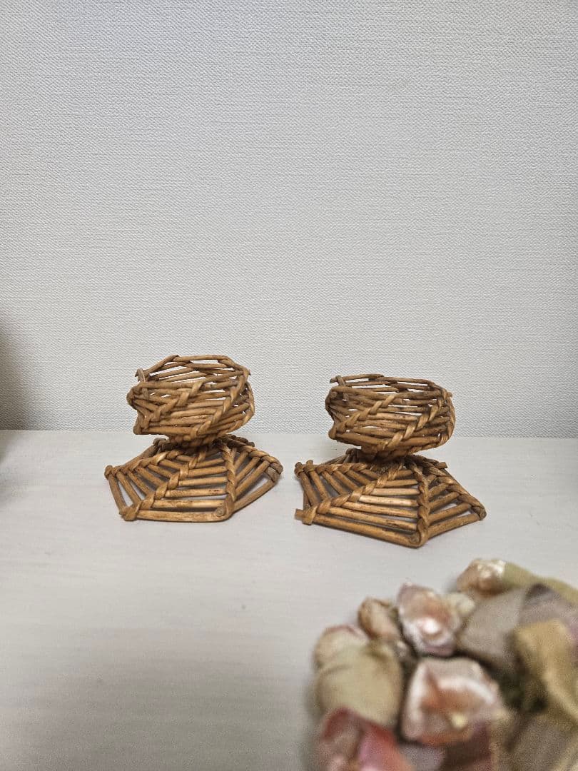 レア　フランス　アンティーク　柳　編み　エッグスタンド　ペア　ラタン