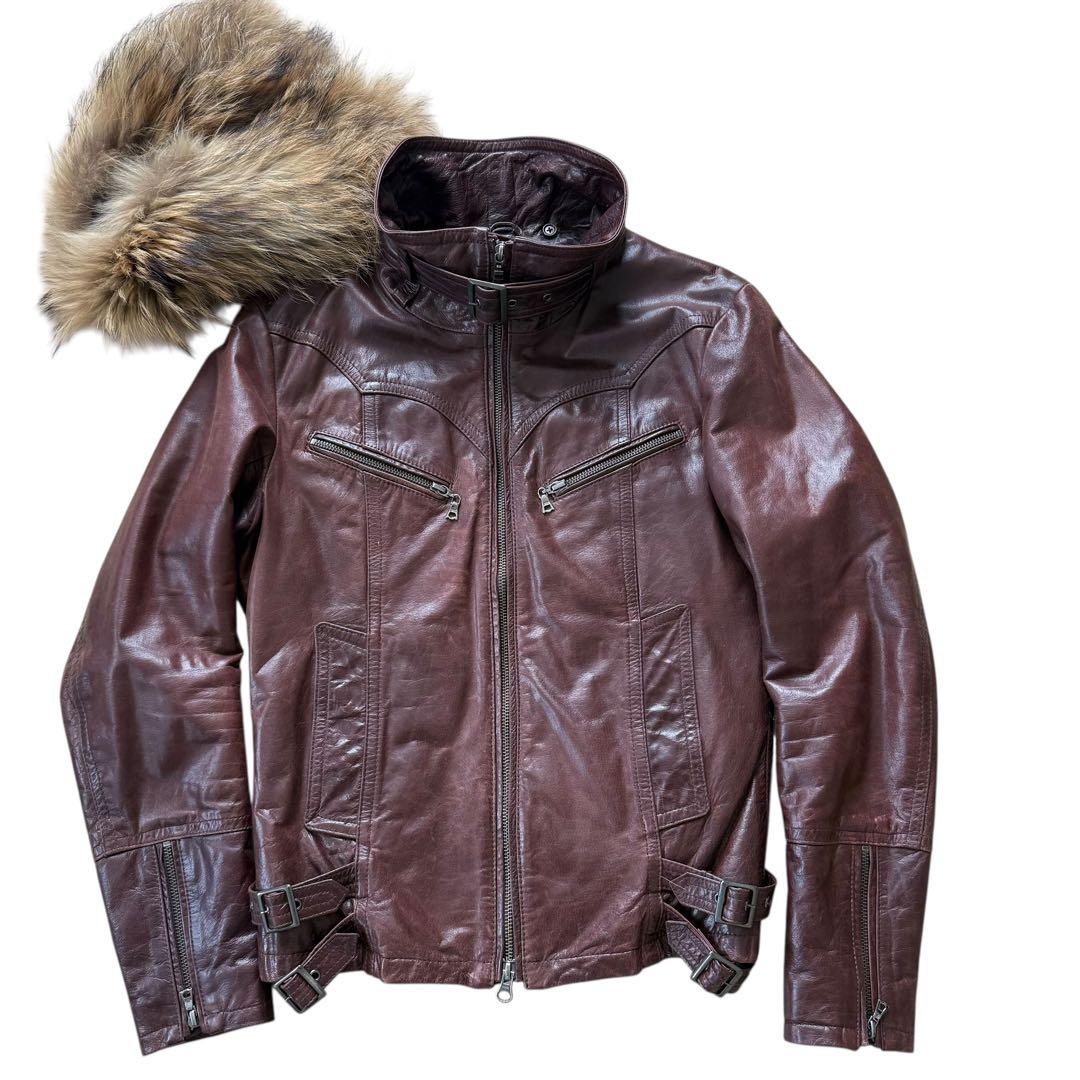 トルネードマート カウレザー ジャケット 着脱可能 ファー付き バーガンディ M