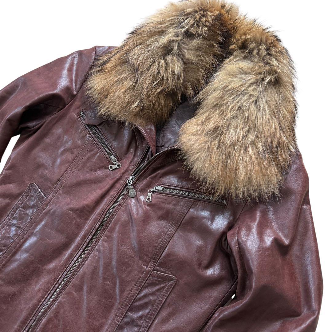 トルネードマート カウレザー ジャケット 着脱可能 ファー付き バーガンディ M