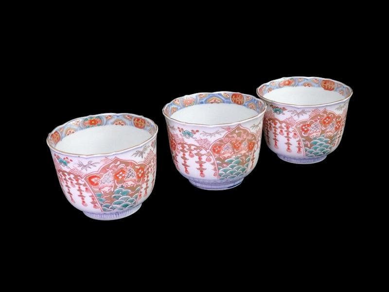 古伊万里　瓔珞紋に松竹梅　獅子に青海波の図　向付　３客　E766AS-fbtr