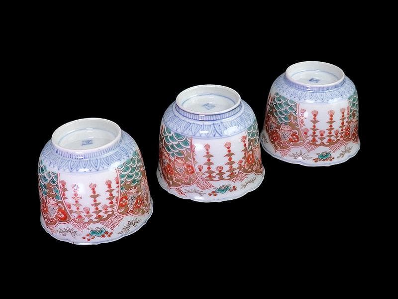 古伊万里　瓔珞紋に松竹梅　獅子に青海波の図　向付　３客　E766AS-fbtr