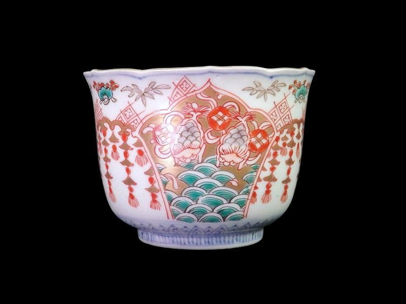 古伊万里　瓔珞紋に松竹梅　獅子に青海波の図　向付　３客　E766AS-fbtr