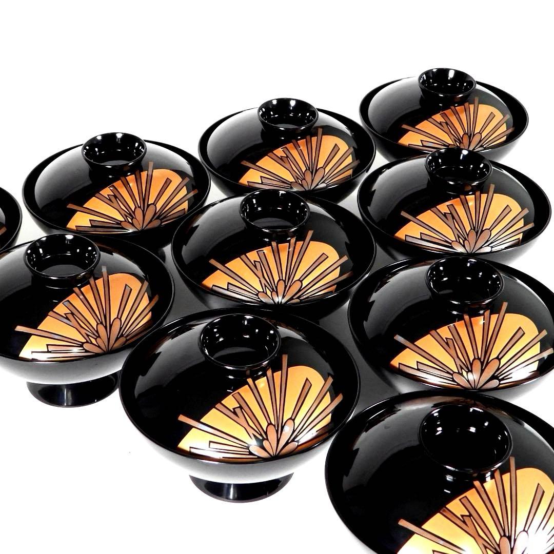 輪島塗　漆器　本金蒔絵花絵紋　木製　蓋付椀　お煮物椀　吸物椀　10客