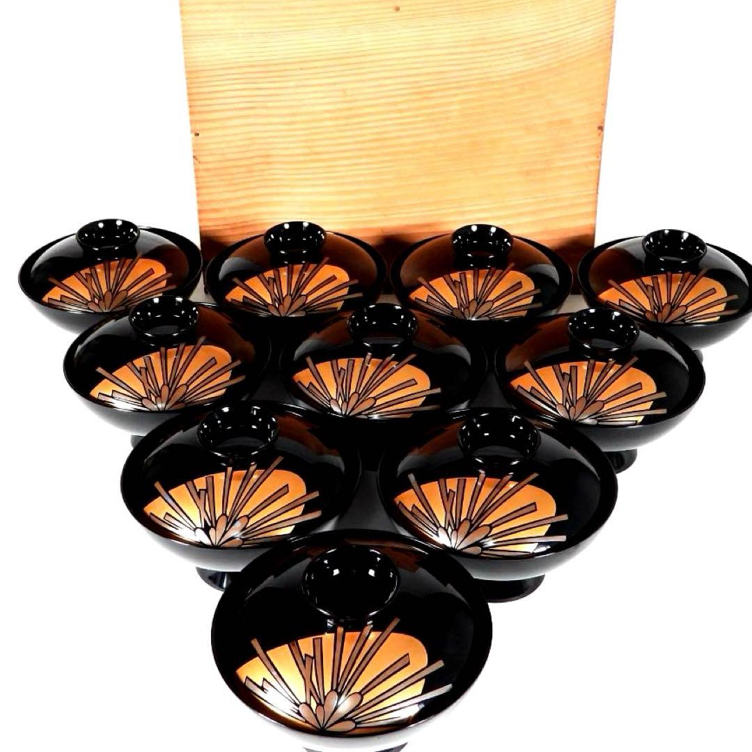 輪島塗　漆器　本金蒔絵花絵紋　木製　蓋付椀　お煮物椀　吸物椀　10客