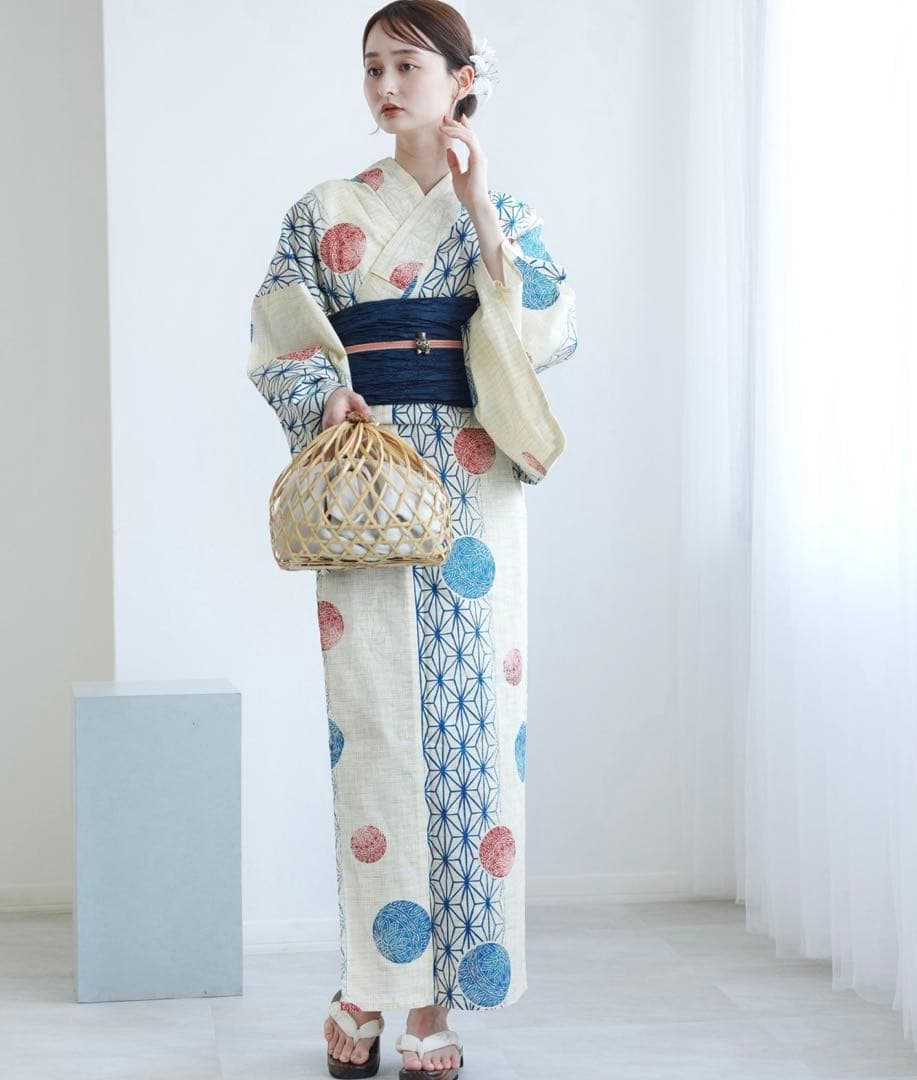 【即購入可♡】綿麻浴衣（柄：紺色の麻の葉と鞠）＋下駄＋着付け小物のお得セット！