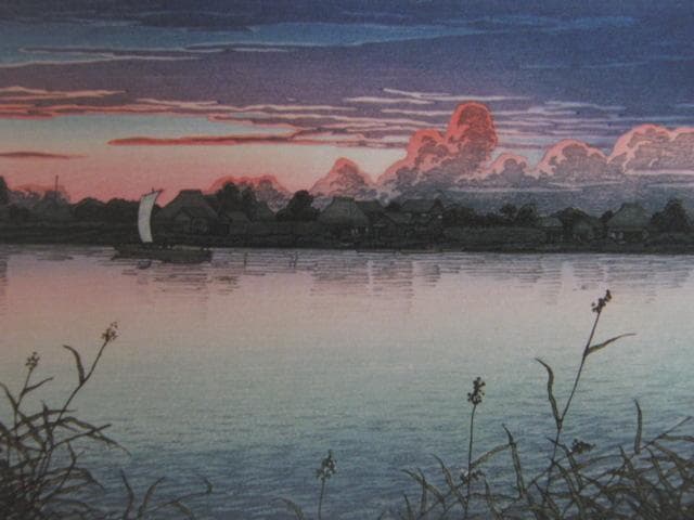 川瀬巴水、【初秋の浦安】、希少な額装用画集より、美品、新品額装付、送料込み