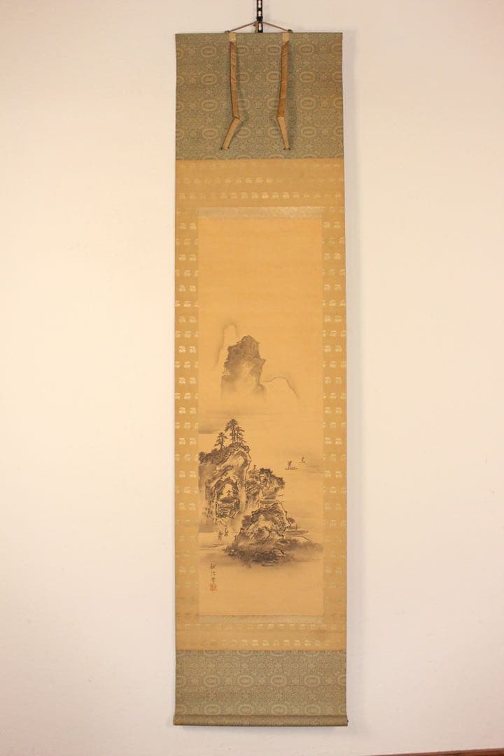 No5501掛軸　在名　探信筆 三幅　水墨　山水画　布袋図　紙本　合箱　送料無料