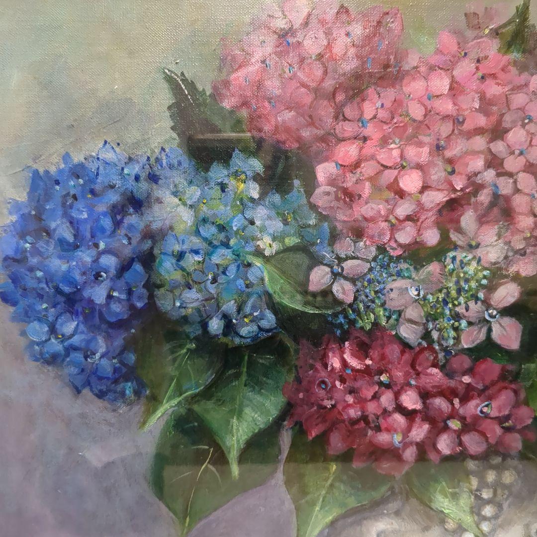油絵　油彩画　あじさい　アジサイ　紫陽花　額縁入り　肉筆サインあり