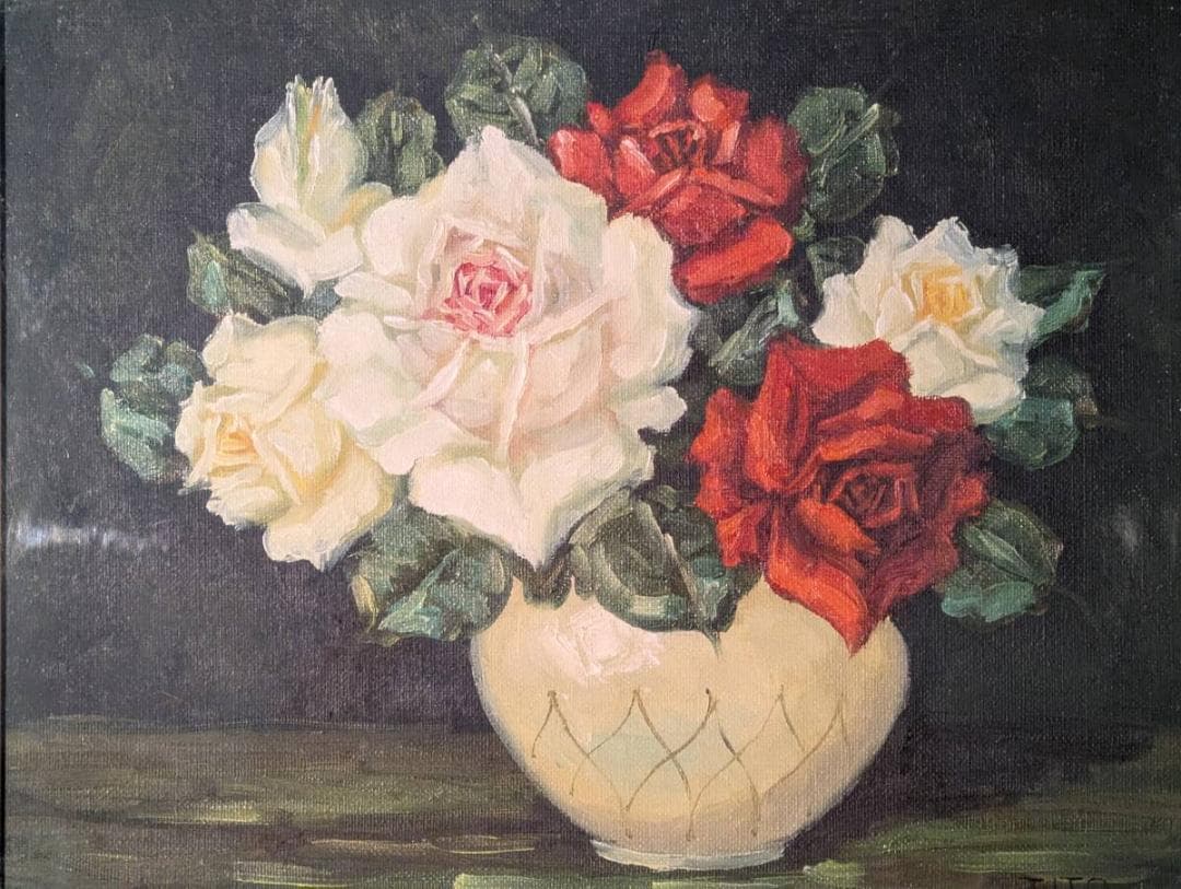 【真作】絵画　油彩6号　華やぐ薔薇の饗宴　優雅な一輪一輪　美しい調和　Y104