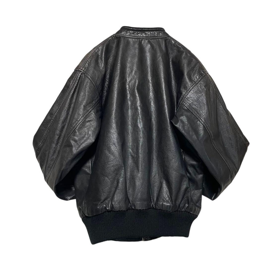 【vintage】本革 リアルレザーシングルライダースジャケット リブ切替 黒M