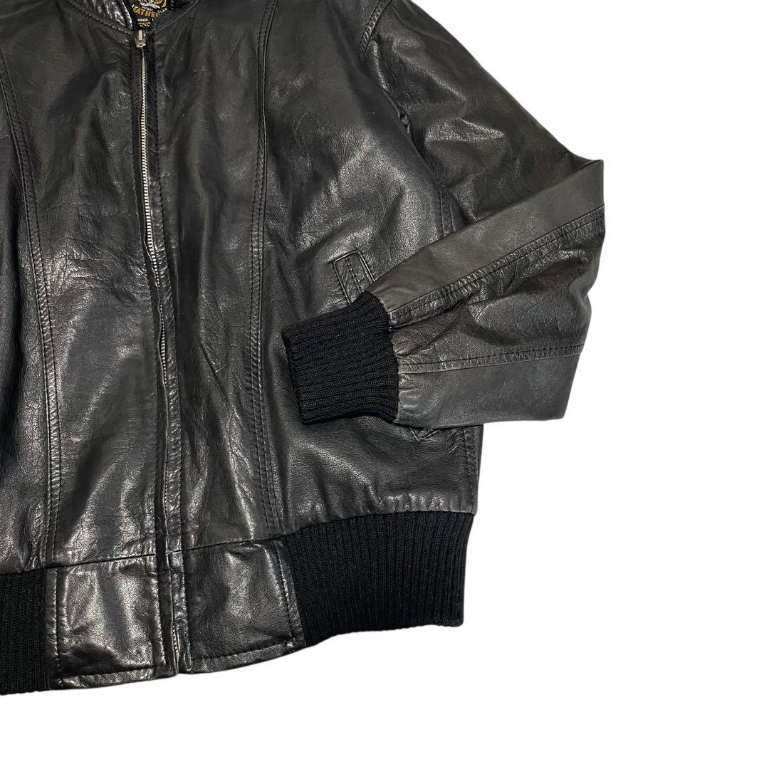 【vintage】本革 リアルレザーシングルライダースジャケット リブ切替 黒M