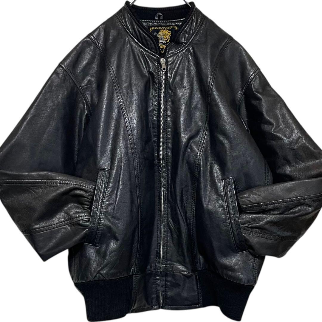 【vintage】本革 リアルレザーシングルライダースジャケット リブ切替 黒M