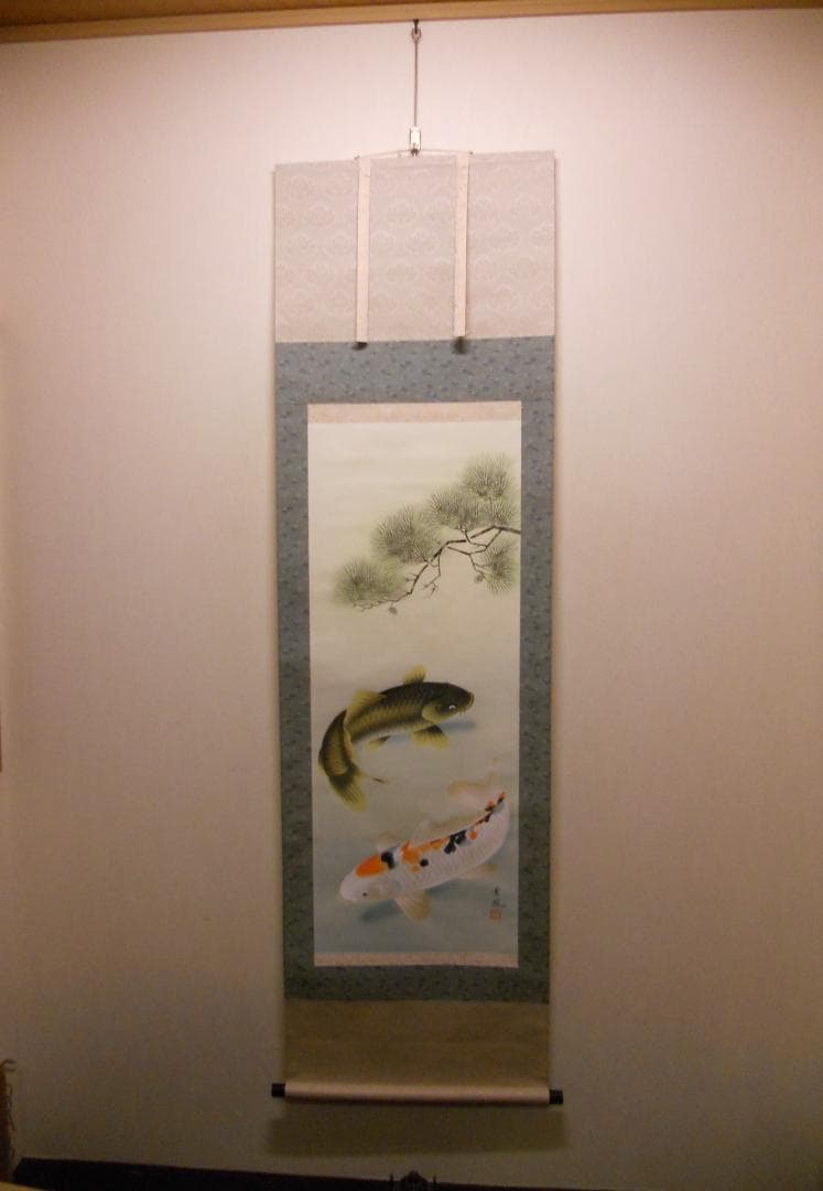 掛け軸 河田雲鳳 双鯉 絹本 希少 軸装 茶道具 掛軸 美品 です。