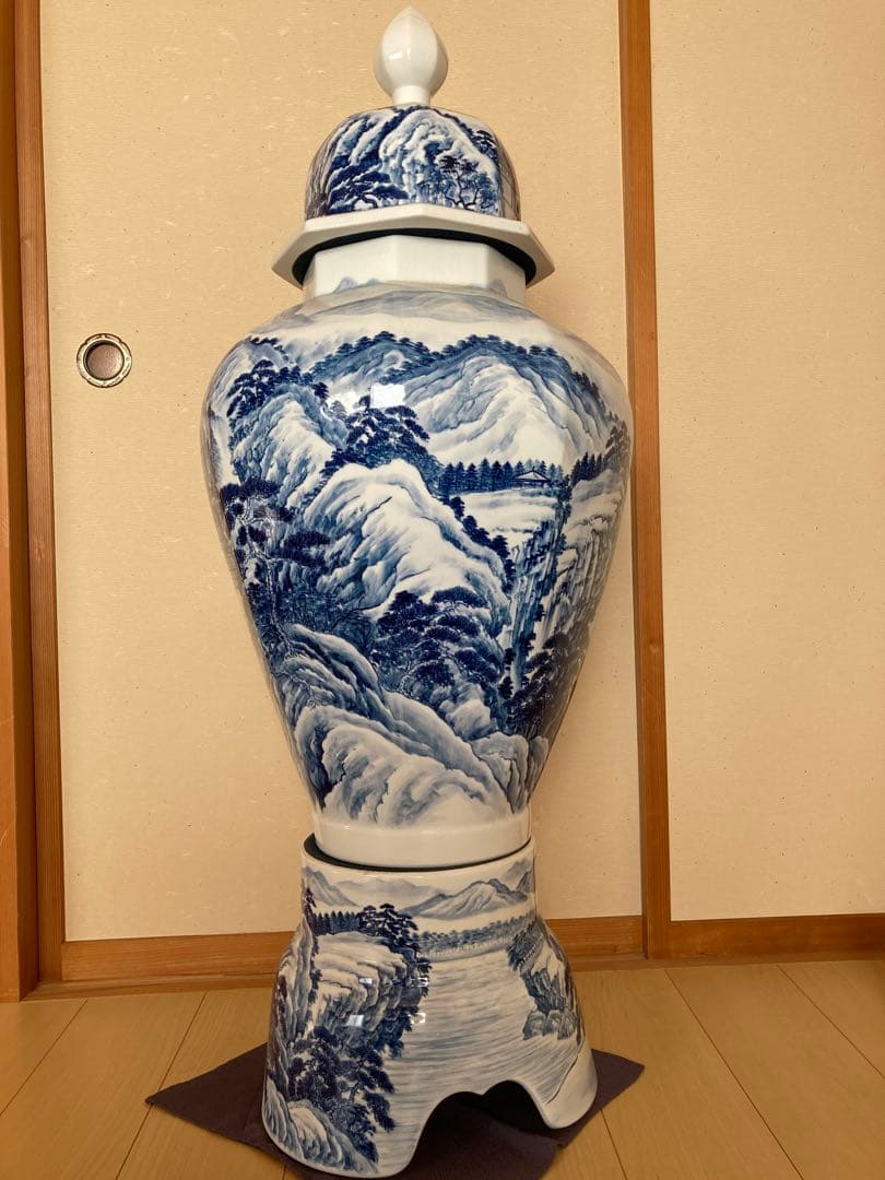 有田焼 藤井錦彩作 染付山水図 大壺 沈香壺 伝統工芸美術 陶磁器 和物骨董