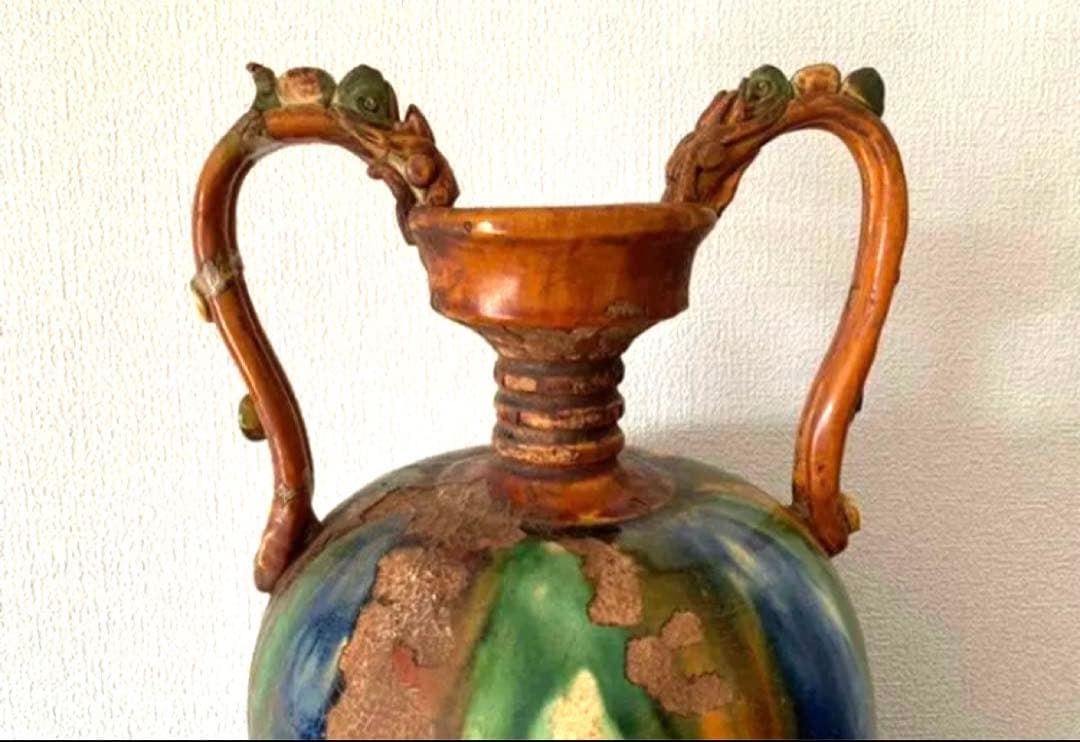 中国古美術 唐時代 贵妃双龍頭三彩瓶 時代物 Y04三彩双龍耳花