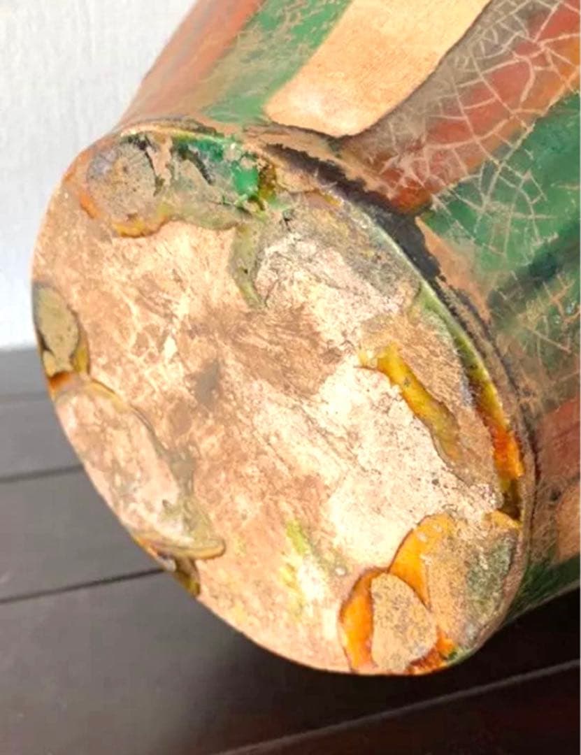 中国古美術 唐時代 贵妃双龍頭三彩瓶 時代物 Y04三彩双龍耳花