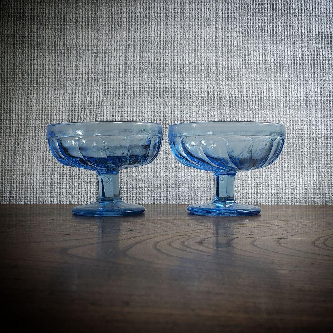 氷コップ　ガラス　アイスクリーム　レトロ　プレスガラス　2客