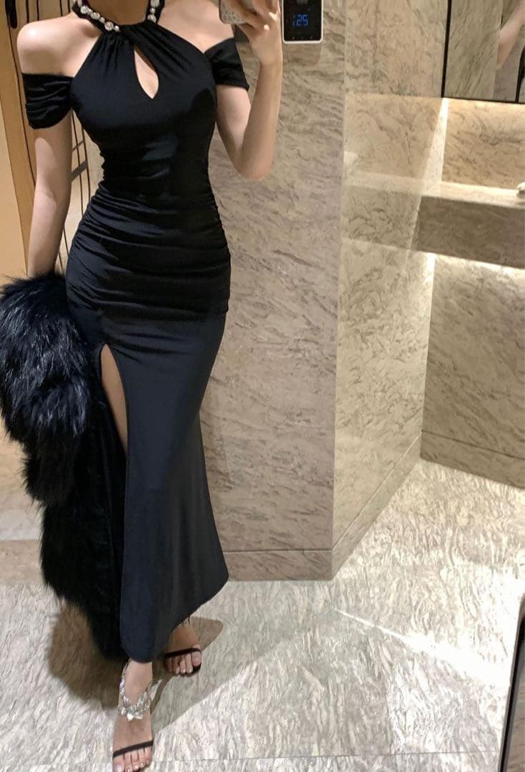 韓国 服 レディース ワンピース 黒 パーティードレス ロング 人気 スリット