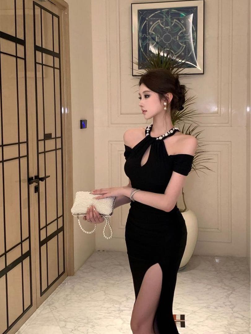 韓国 服 レディース ワンピース 黒 パーティードレス ロング 人気 スリット