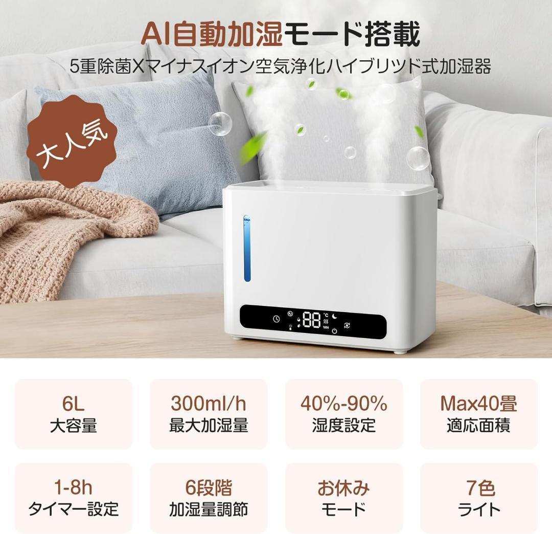 早い者勝ち❣️ 加湿器 大容量 6L ダブル吹出口 加熱式 パワフル加湿