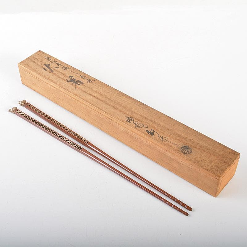 茶道具　梅龍軒作　銅製　鳥頭角透かし　象嵌　火箸　共箱　C　6641