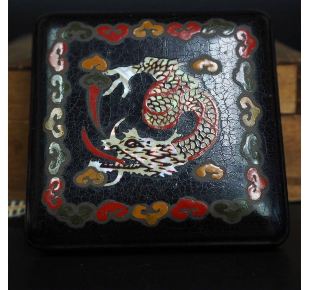 送料無料　時代物　螺鈿雲龍文香合　木箱付　茶道具華道具