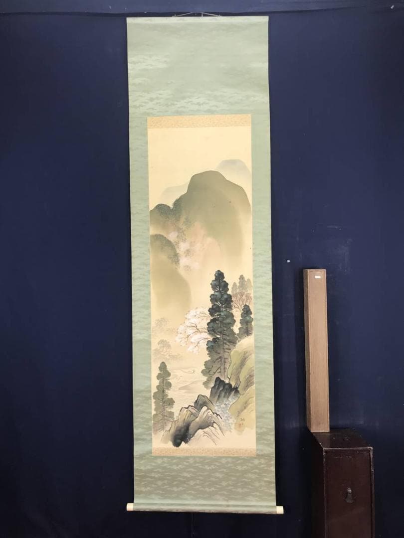 【真作】井江耕宗/青緑桜花山水図/掛軸☆宝船☆AB-554