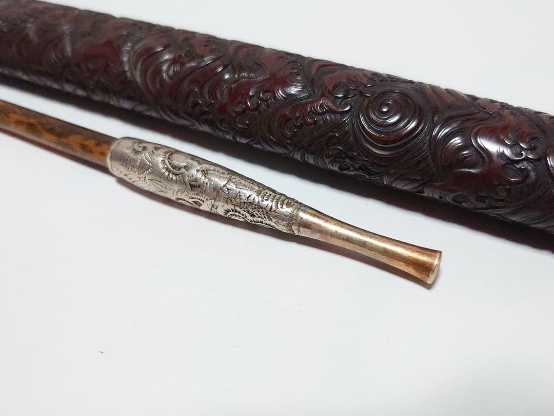 時代物 煙管 煙草入 煙管筒 金口 細工 彫刻 一式 骨董 アンティーク
