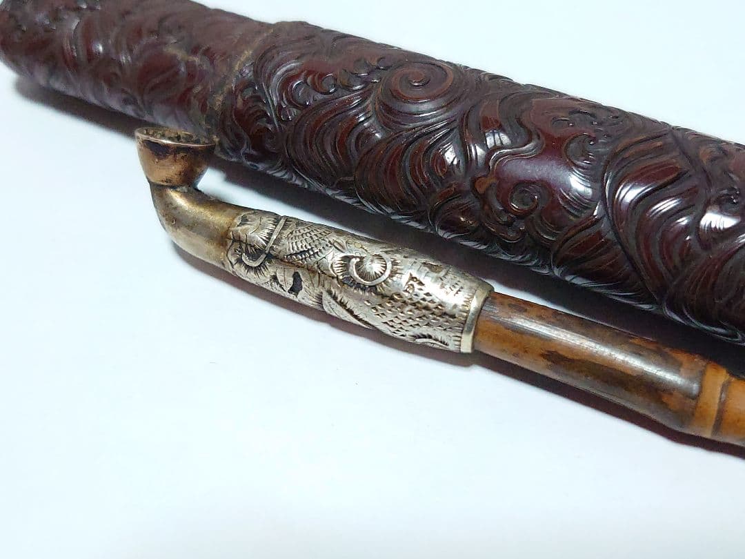 時代物 煙管 煙草入 煙管筒 金口 細工 彫刻 一式 骨董 アンティーク