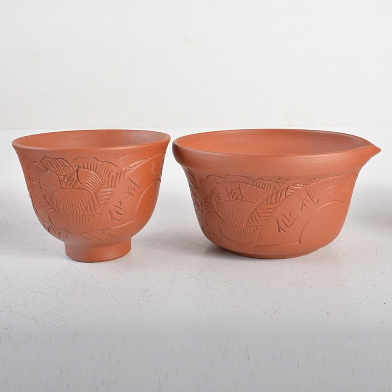 朱萬古焼　白雲陶園　朱泥　急須　湯冷　煎茶碗五客　煎茶器揃　共箱　6203C