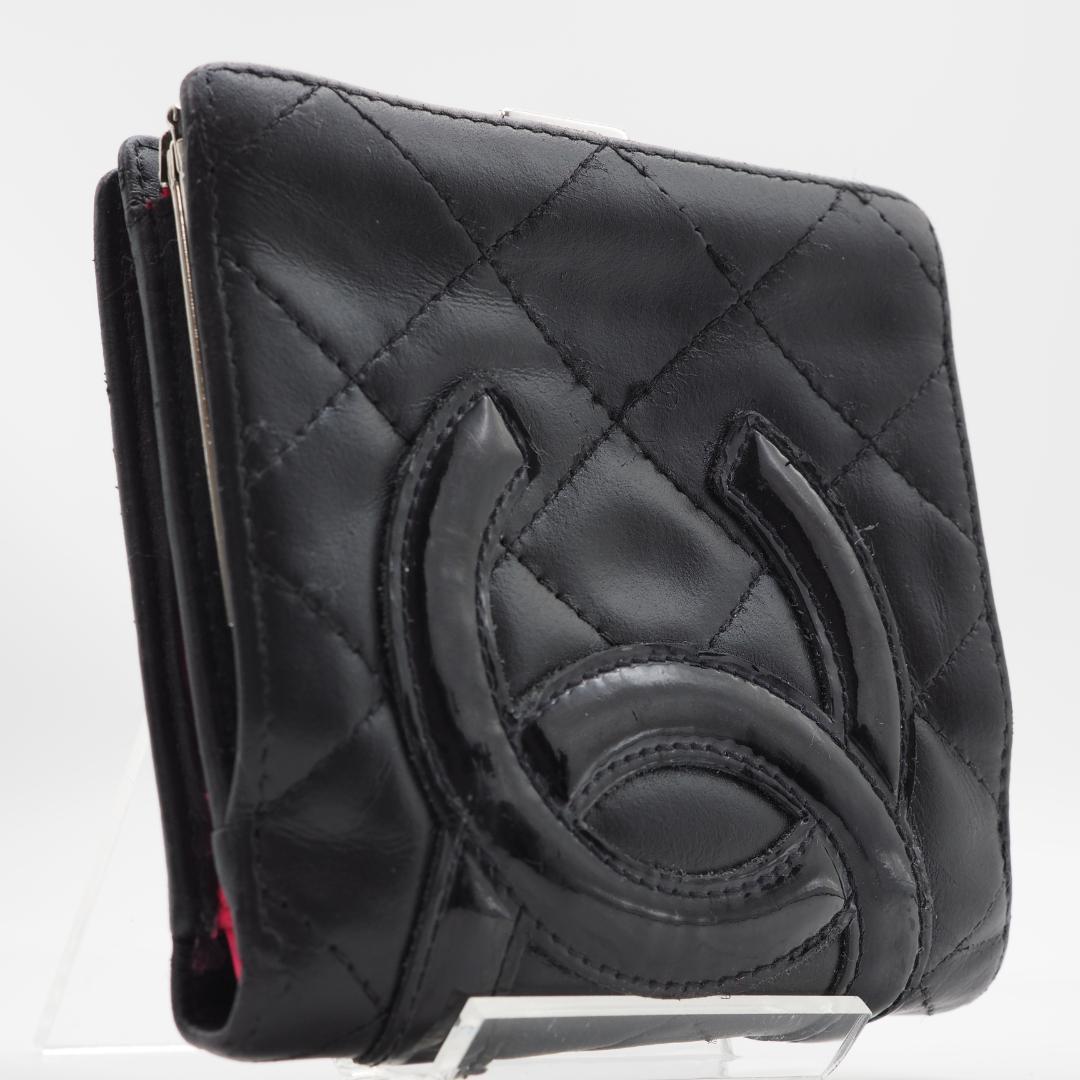 CHANEL シャネル カンボンライン コンパクト 二つ折り財布 黒×ピンク