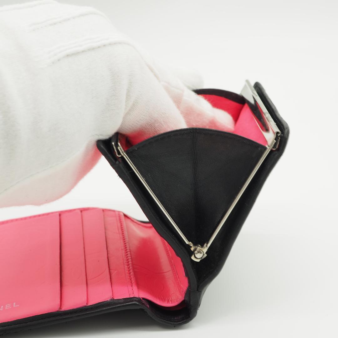 CHANEL シャネル カンボンライン コンパクト 二つ折り財布 黒×ピンク