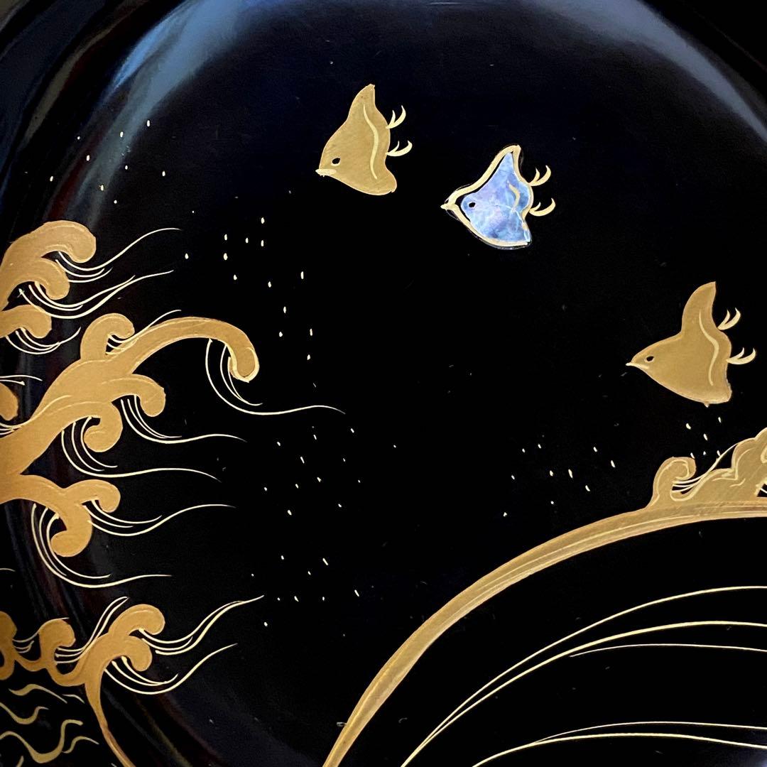 ◆時代 輪島塗 波千鳥 蒔絵 螺鈿細工 16cm皿 五客 銘々皿 菓子器