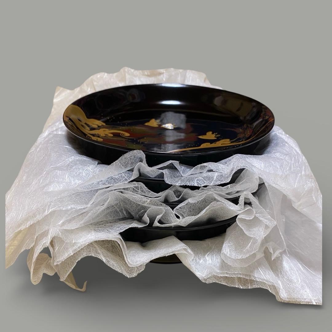 ◆時代 輪島塗 波千鳥 蒔絵 螺鈿細工 16cm皿 五客 銘々皿 菓子器