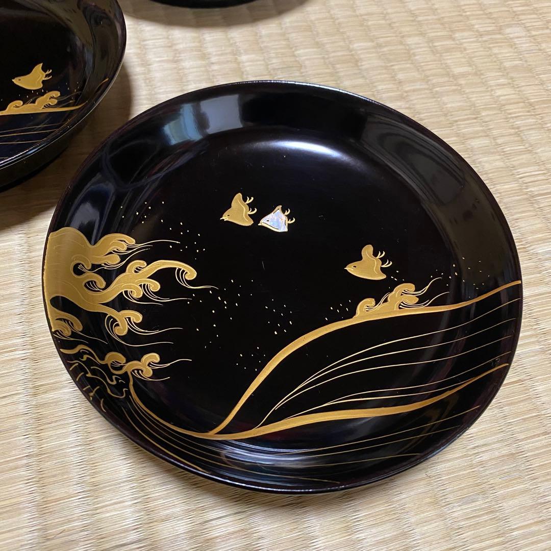 ◆時代 輪島塗 波千鳥 蒔絵 螺鈿細工 16cm皿 五客 銘々皿 菓子器