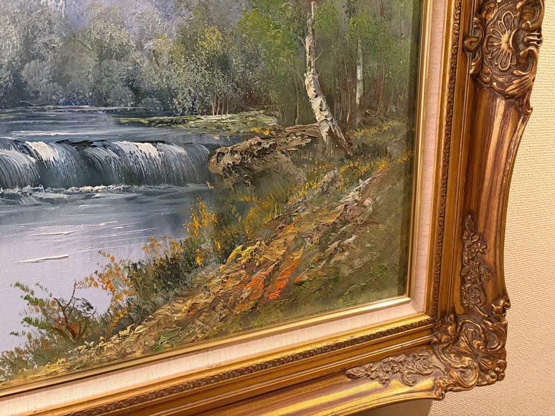大迫力 アンティーク油彩 M30号 大型額装 山水画