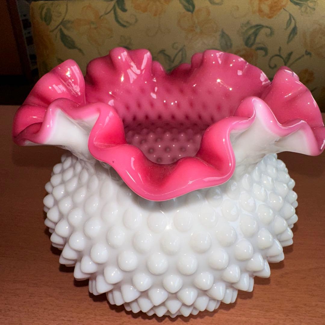 フェントン ミルクガラス ボブネイル ピーチブロウ 13×14cm 極美品