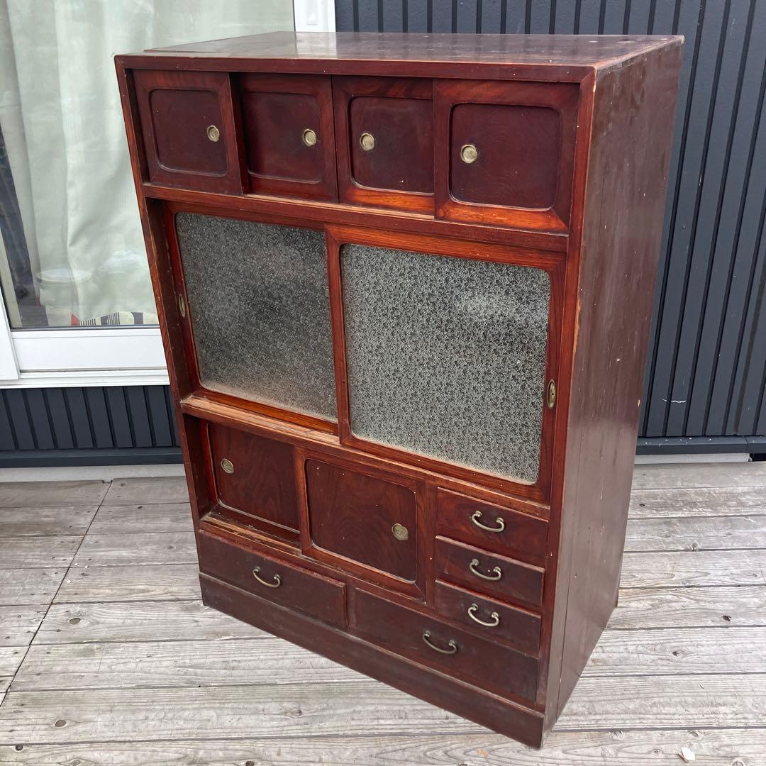 昭和レトロ 無垢材 茶箪笥 すりガラス サイドボード 古家具 古民家 ビンテージ