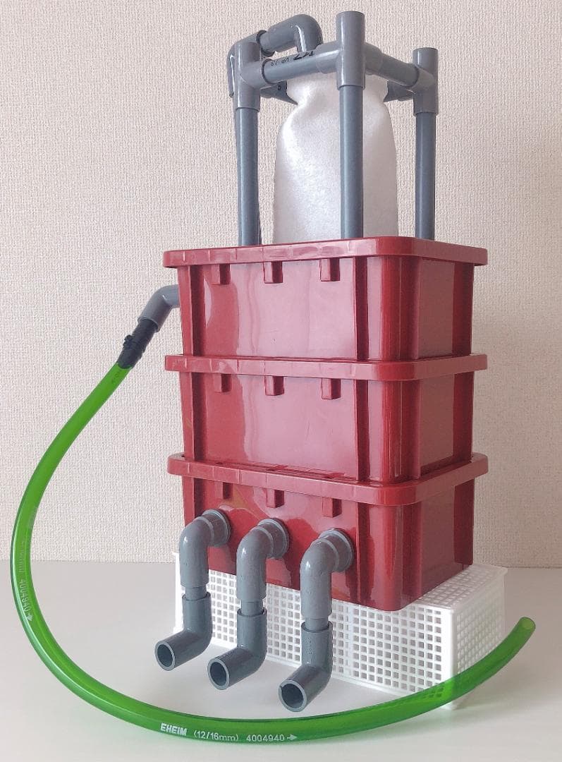 ワインレッドの オシャレな ３段濾過槽 タワータイプ 　浮遊物キャッチャー付き