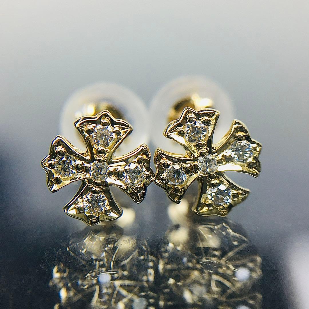 K18YG ダイヤクロス スタッドピアス イエローゴールド 18金