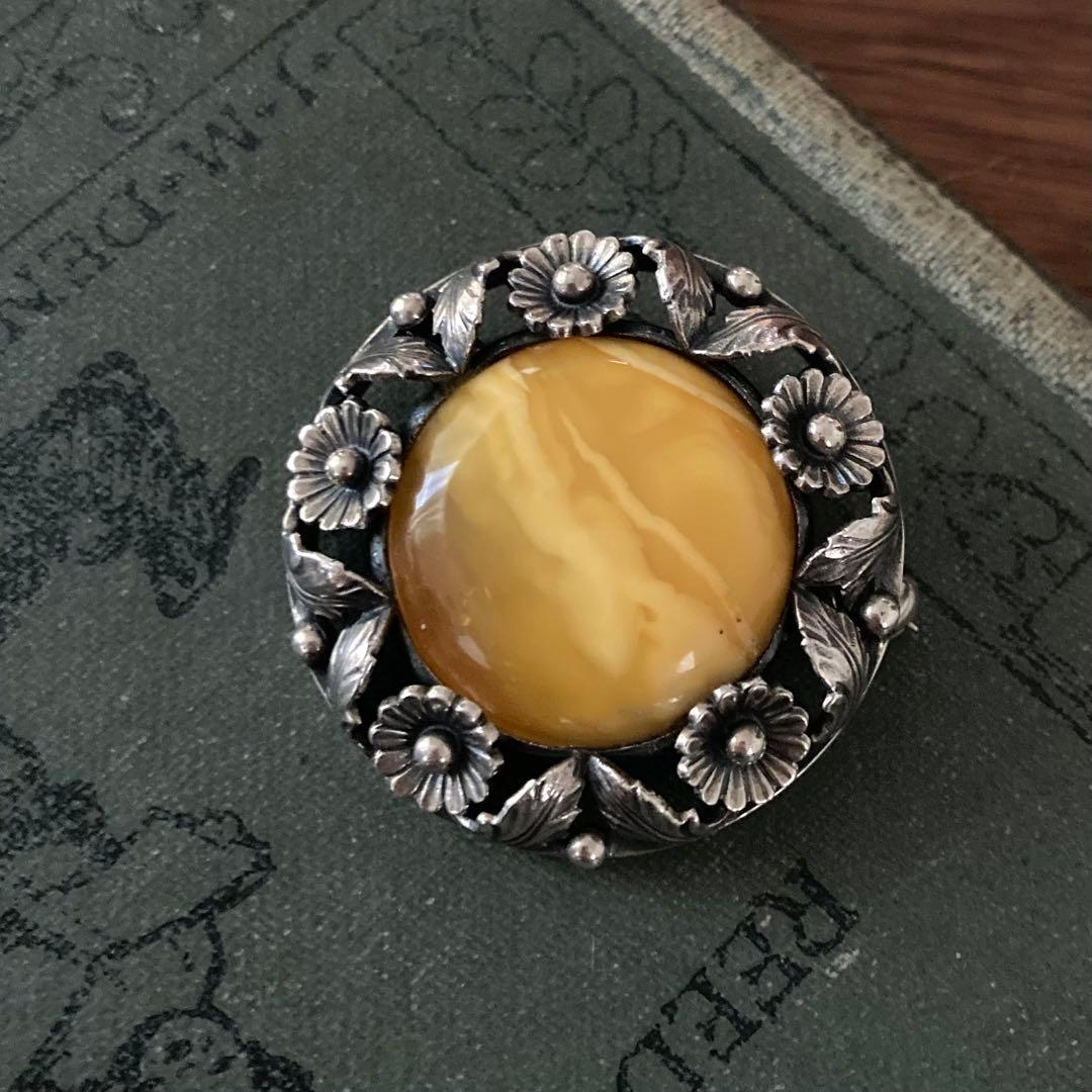 希少＊ヴィンテージ＊N.E.FROM 琥珀　ブローチ　デイジー　シルバー　北欧