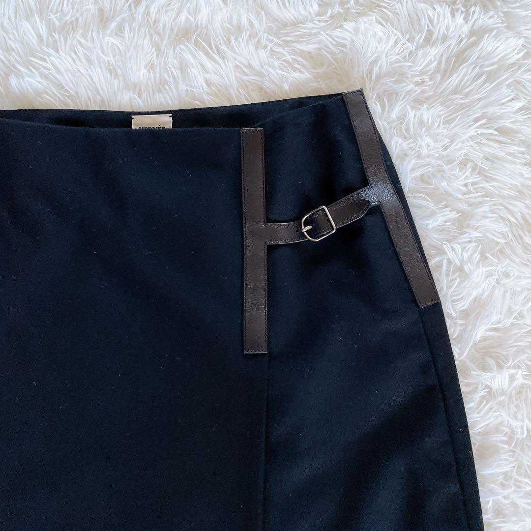 希少✨【エルメス】レザーベルト ラップスカート 巻きスカート ブラック ロゴ刻印