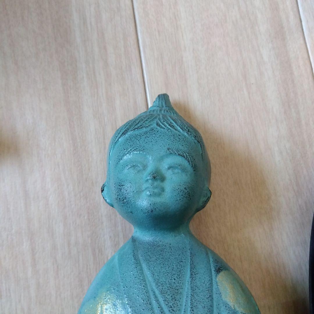 環水作　無我童子 銅像 青緑色 台座付き