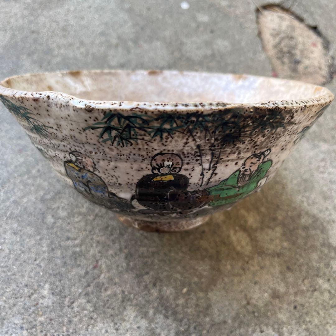 骨董　古犬山焼　色絵竹林七賢文　竹林賢人図　なます皿　江戸後期　金継ぎ