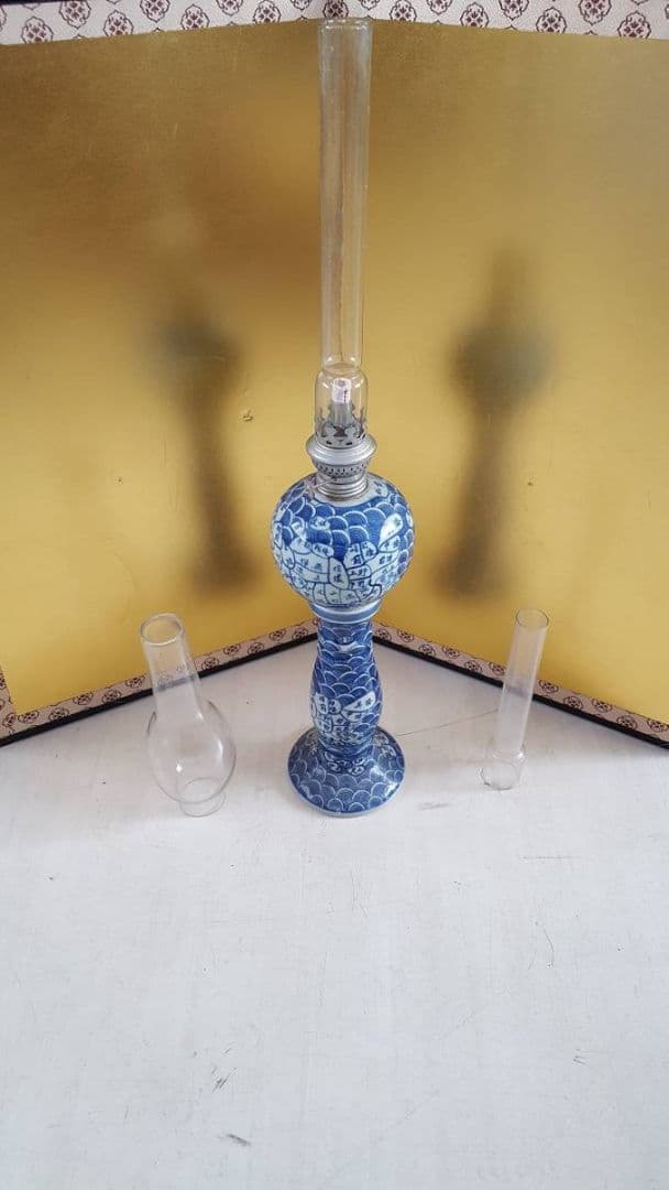 AKa5771　古地図　天保年製　陶器製　オイルランプ　高さ　約５５．５ｃｍ