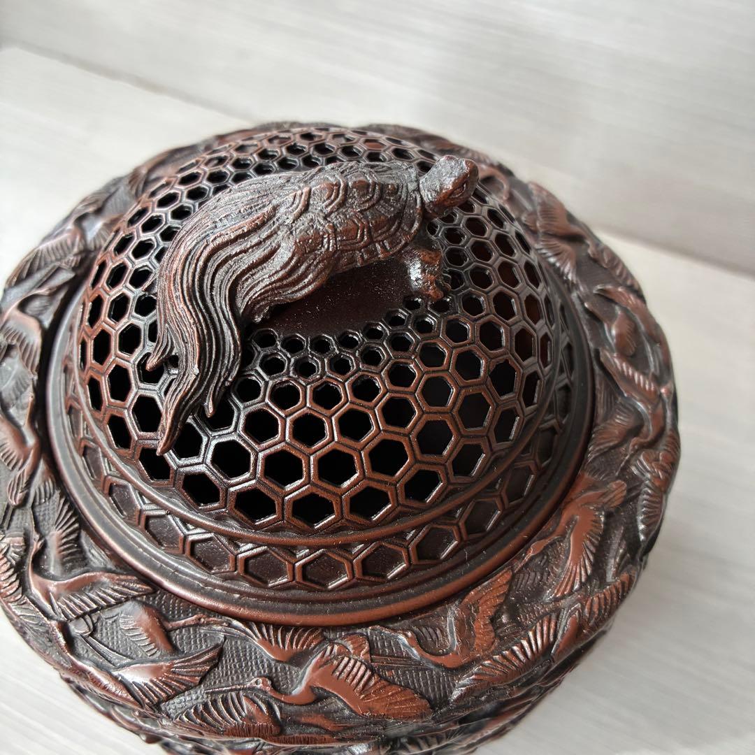 香炉　高岡銅器 彫金　佐野宏采　華鶴　亀　透かし蓋　茶道具　香道具