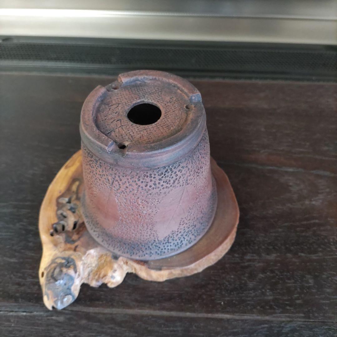 富舟、落款、盆栽鉢、植木鉢、古鉢、鋲打ち鉢、常滑焼、花台付