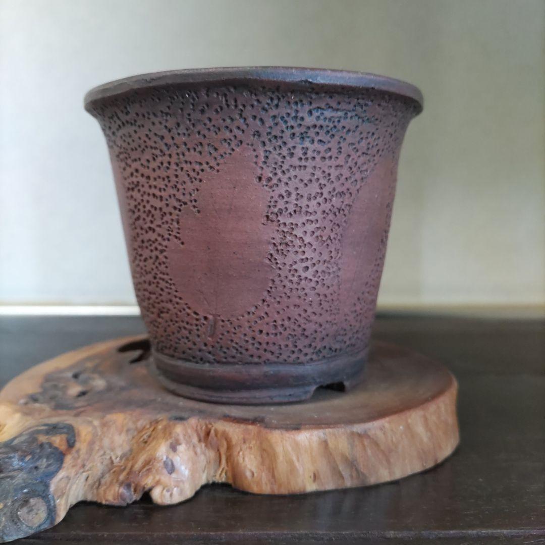 富舟、落款、盆栽鉢、植木鉢、古鉢、鋲打ち鉢、常滑焼、花台付