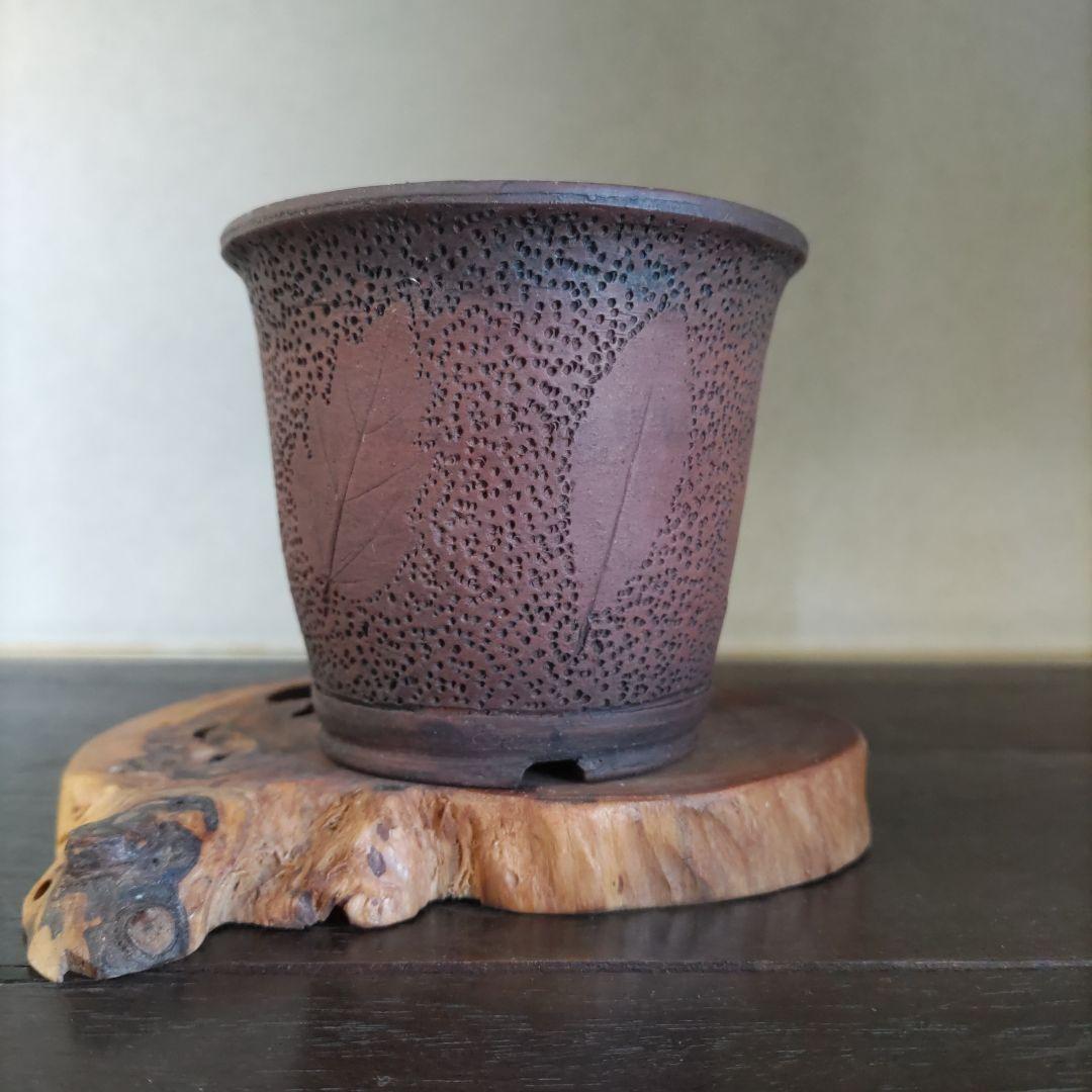 富舟、落款、盆栽鉢、植木鉢、古鉢、鋲打ち鉢、常滑焼、花台付