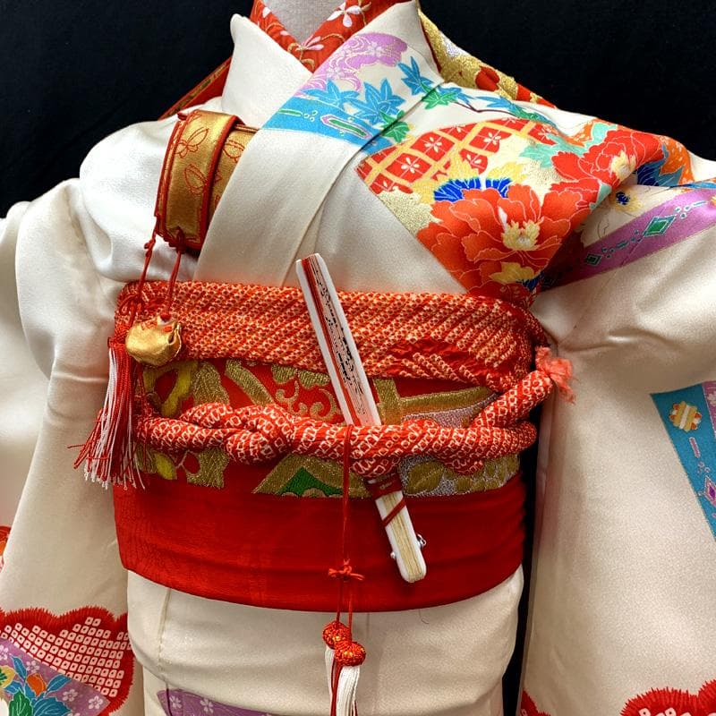 512ag34□七五三 七歳 女児 着物&袋帯 扇 鹿の子 白□状態良好